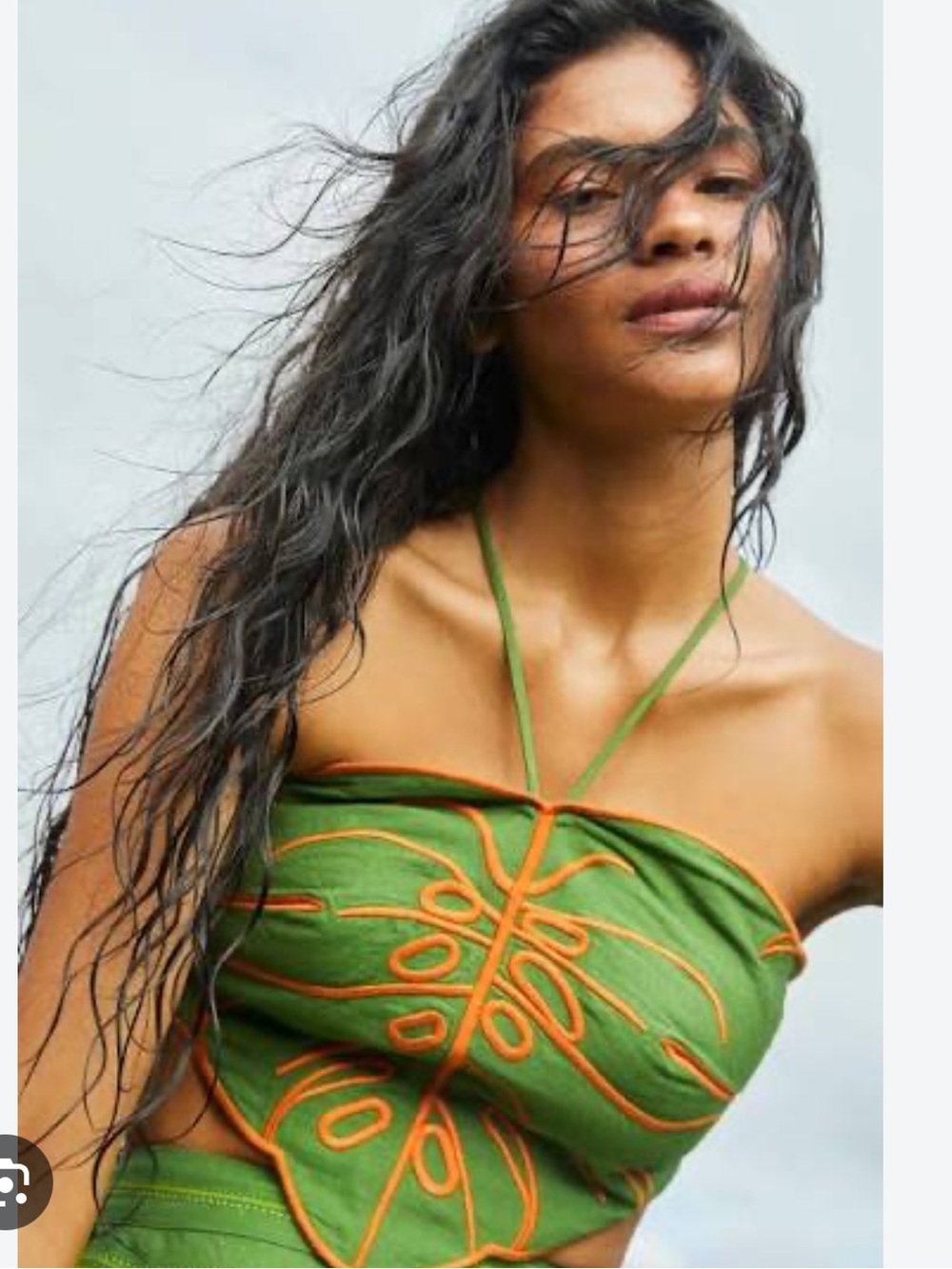 NWT FARM RIO Montsera Tie-Back Embroidered Crop Top, Green, size M